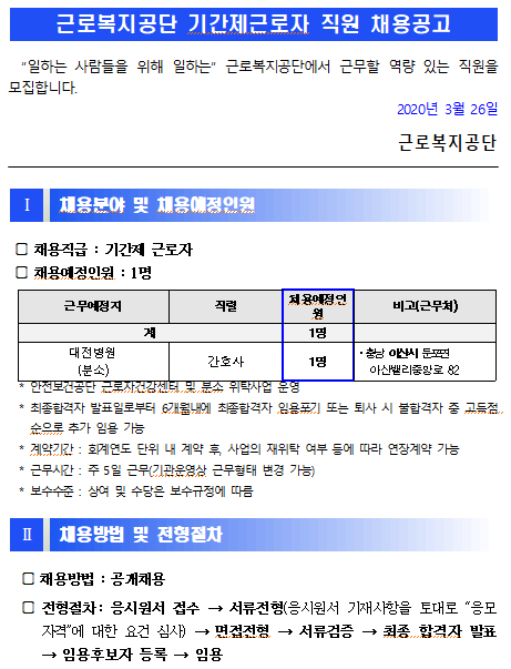  [채용][근로복지공단] [대전병원] 근로자건강센터 기간제근로자(간호사) 신규채용 공고