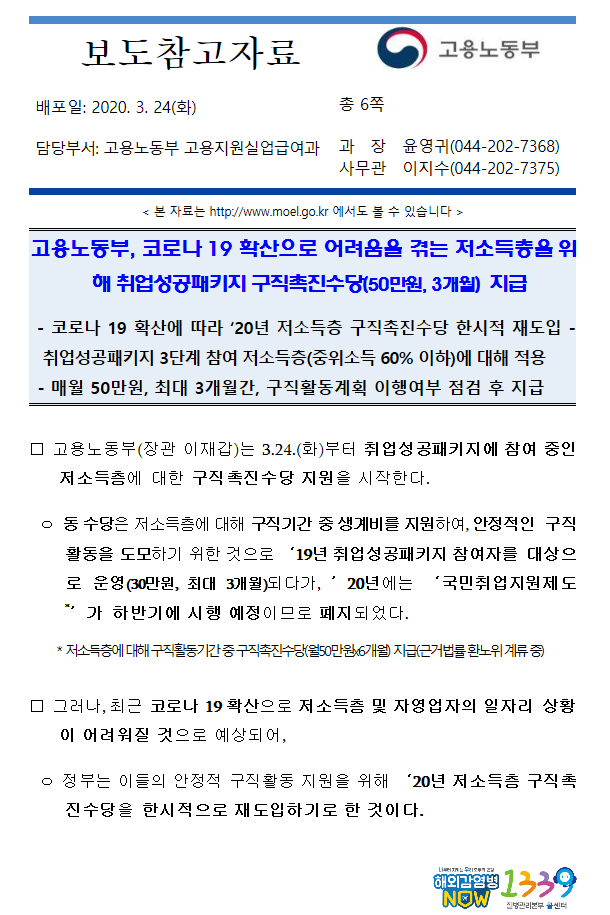  저소득층의 취업성공패키지 구직수당 50만원 지급