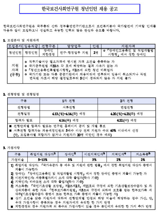  [채용][한국보건사회연구원] 행정인턴 채용 공고(3차)