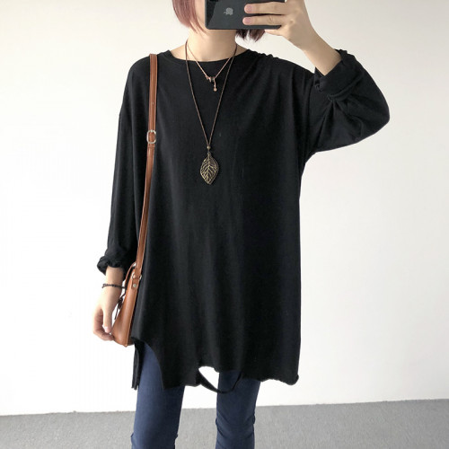 긴팔 티셔츠 여성 봄 루즈핏 얇은 구멍 구멍 단색 셔츠