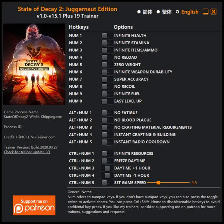  200328-스테이트 오브 디케이 2 저거너트 에디션 트레이너 (State of Decay 2 Juggernaut Edition v1.0-v15.1 +19)3DM