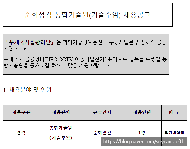  [채용][우체국시설관리단] 순회점검 통합기술원(기술주임, 무기계약직) 채용공고