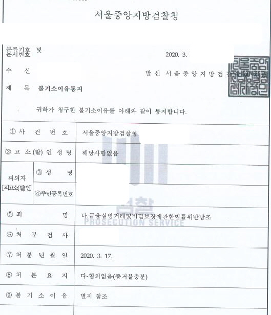  금융실명거래및비밀보장에관한법률위반 방조 무혐의 처분 사례입니다