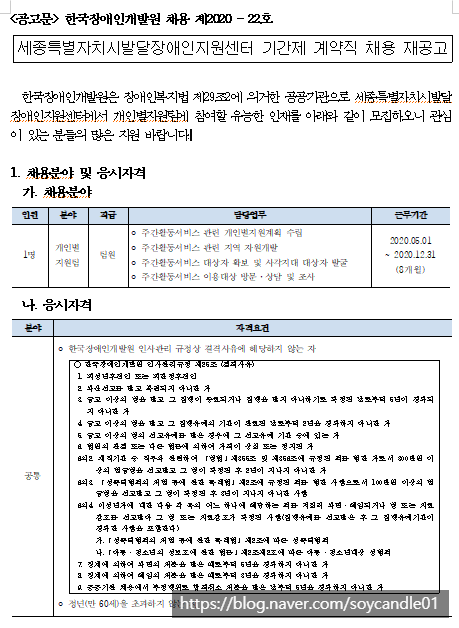  [채용][한국장애인개발원] 세종특별자치시발달장애인지원센터 기간제 계약직 채용 재공고