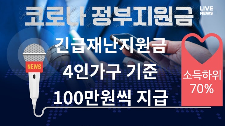 코로나정부지원금 ( 긴급재난지원금 ) 국민소득하위70% 4인가구 기준 100만원씩 지급 확정