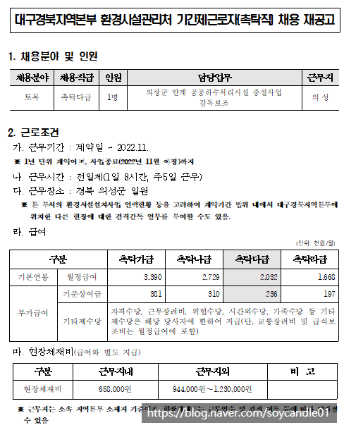  [채용][한국환경공단] 대구경북지역본부 환경시설관리처 기간제근로자(촉탁직) 채용 재공고(2차)_의성안계하수