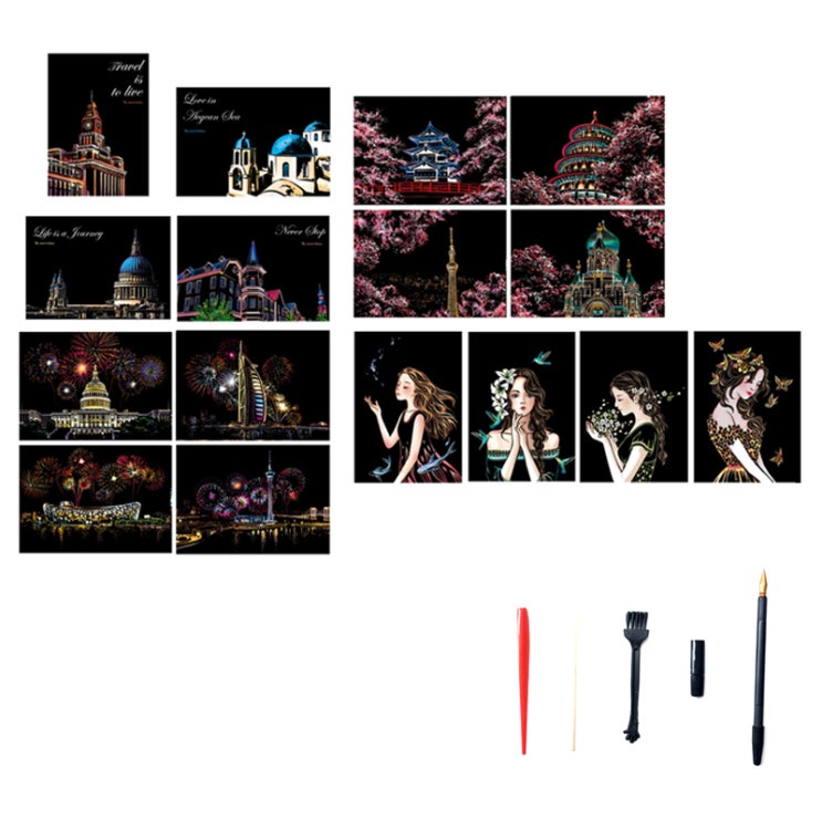  빅드림 A4 디자인 컬러 스크래치 카드 컬러링북 DIY 16종  도구 키트 세트 혼합색상