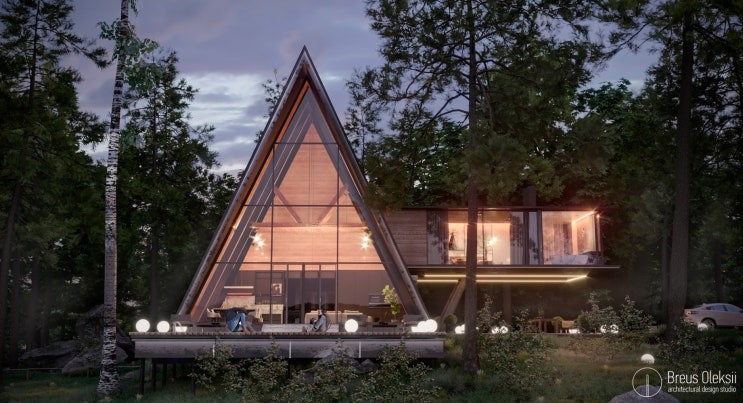 삼각형 A-Frame 주택 측벽 외팔보 경관 필로티 짓기 삼각형 A-Frame 주택 측벽 외팔보 경관 필로티 짓기