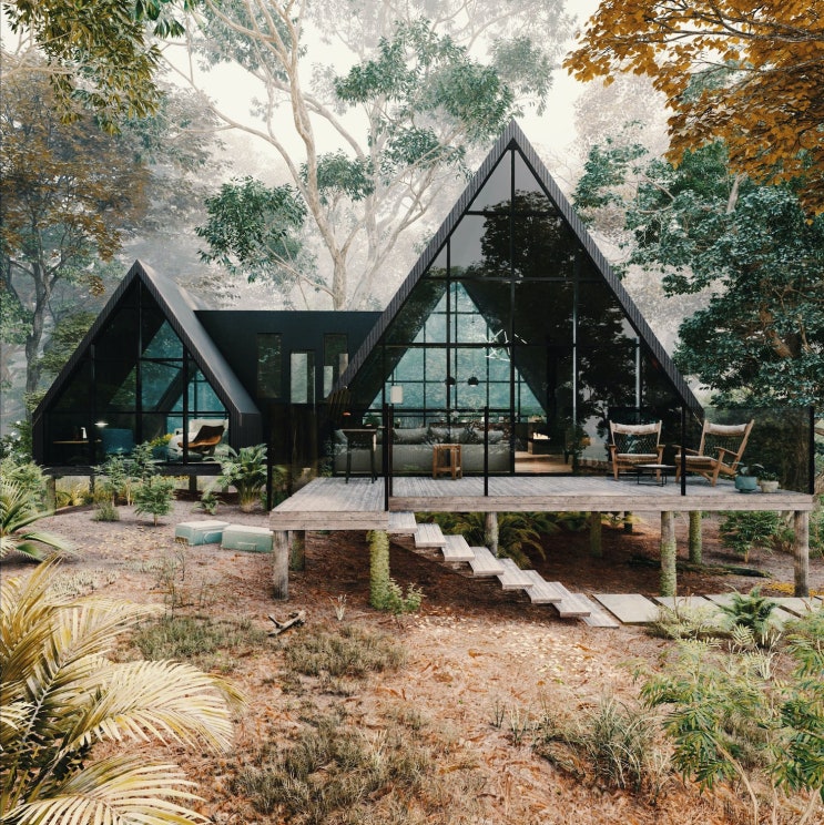 스틸트구조 더블 A-Frame 브릿지 조합 삼각형 주택 스틸트구조 더블 A-Frame 브릿지 조합 삼각형 주택