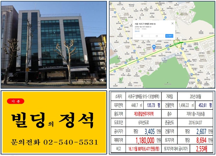 [서초구 효령로 대로변 역세권 100억 빌딩 실거래가 조회] 방배동 915-13 (방배역) 118억 원, 평당 8,694만 원 매매되었습니다. 백석대학교, 방배6구역 재개발