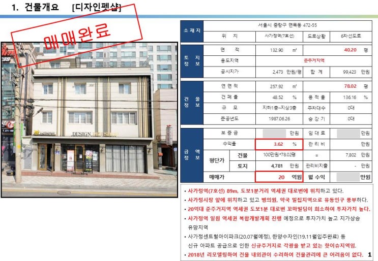 7호선 사가정역 역세권 20억 꼬마빌딩 투자 사례, 면목동 472-55 (사가정역), 사가정시장, 면목시장, 사가정아이파크, 사가정한양수자인, 홈플러스
