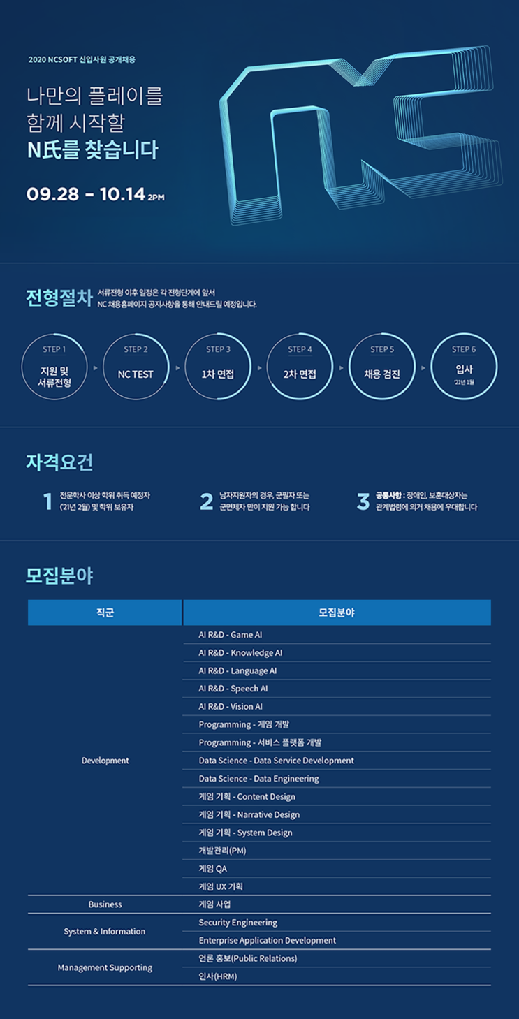  [NC소프트] 신입사원 채용(09.28~10.14)