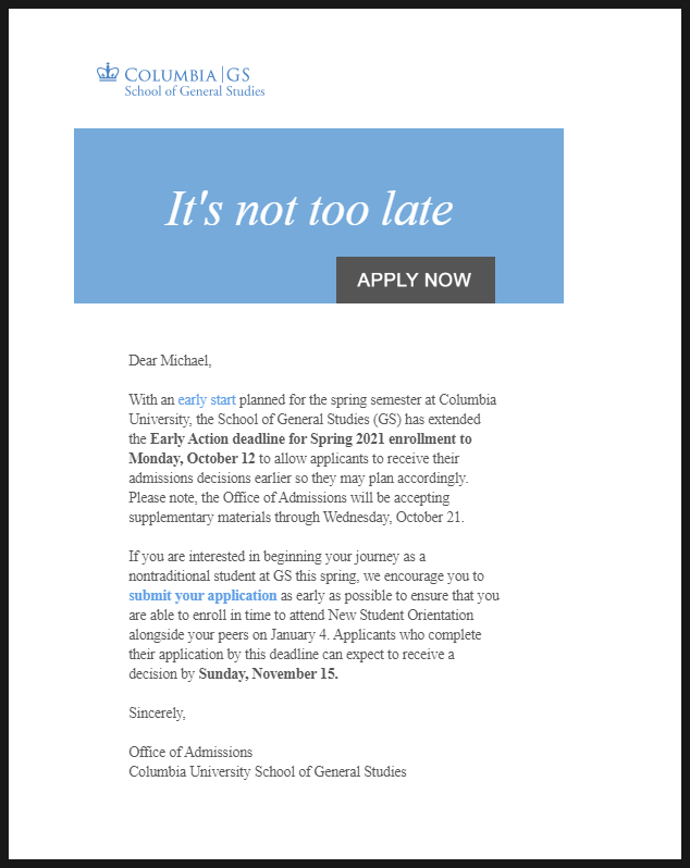  2021년 컬럼비아 대학교 (Columbia University - GS)  봄학기 편입 지원 마감일 연장 및 전공들 설명?