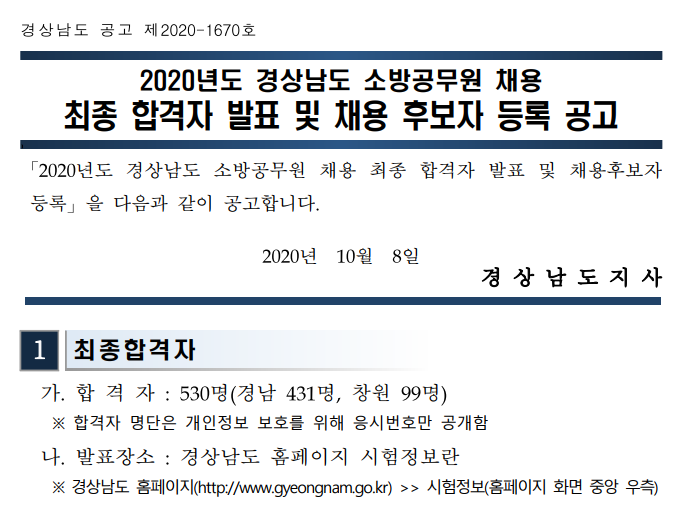  2020년 경상남도 / 창원시 소방공무원 채용 최종합격자 발표!!!