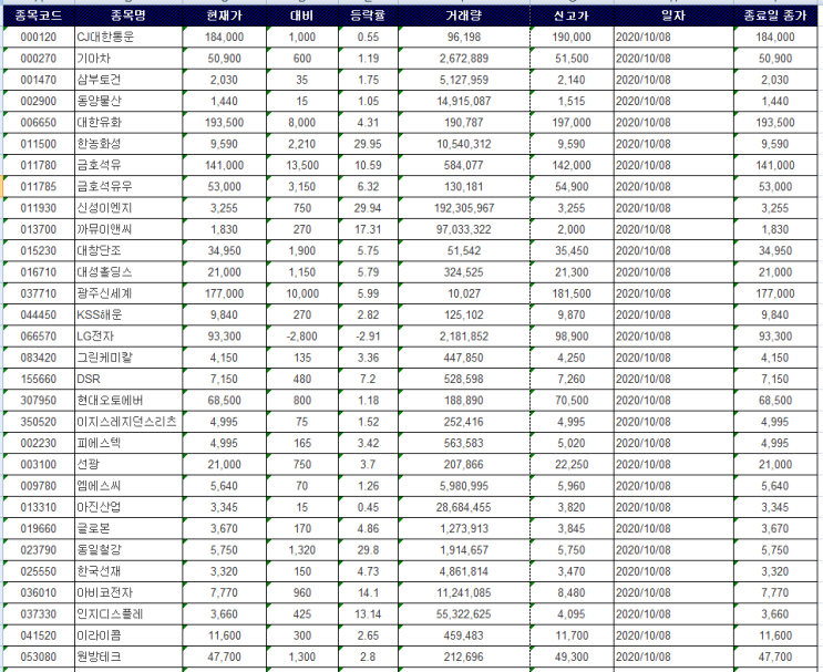 10/8  오늘의 신고가 종목