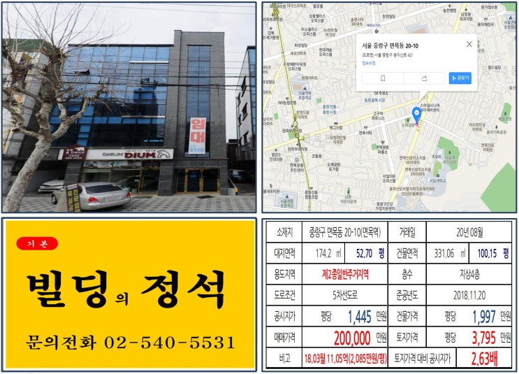 [중랑구 서일대학교 20억 신축 꼬마빌딩 실거래가 조회] 면목동 20-10 (면목역) 20억 원, 평당 3,795만 원 매매되었습니다. 동원시장, 용마산모아엘파크포레아파트