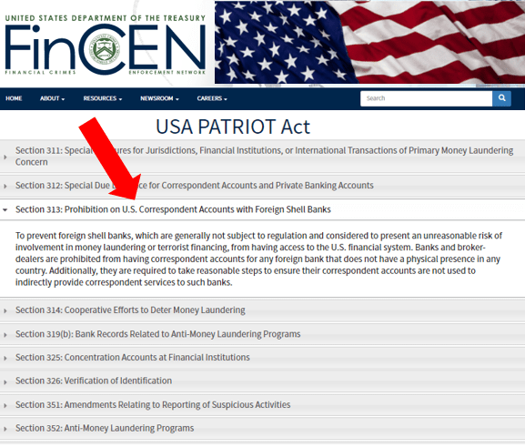  USA PATRIOT Act_Shell Bank, 환거래 계좌에 대한 몰수/기록