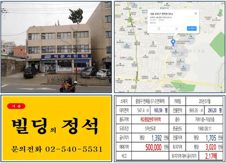 [중랑구 서일대학교 50억 대로변 꼬마빌딩 실거래가 조회] 면목동 57-2 (면목역) 50억 원, 평당 3,020만 원 매매되었습니다. 용마산모아엘파크포레아파트
