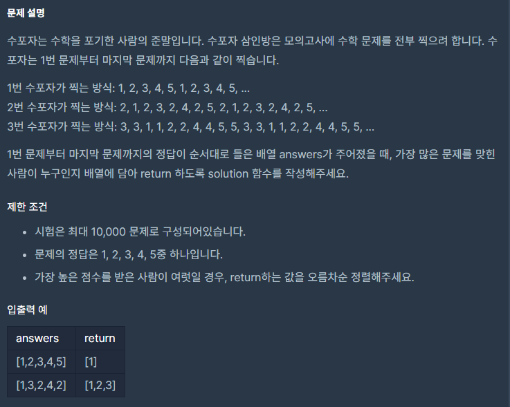 프로그래머스 코딩테스트: 모의고사 프로그래머스 코딩테스트: 모의고사