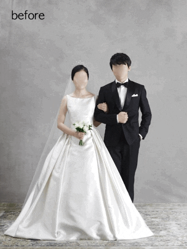  [기본보정] 냥포토 웨딩사진보정업체 - 드레스 & 턱시도 주름 정리, 신부 승모근, 팔뚝, 턱선, 피부톤 정리, 다리 늘리기