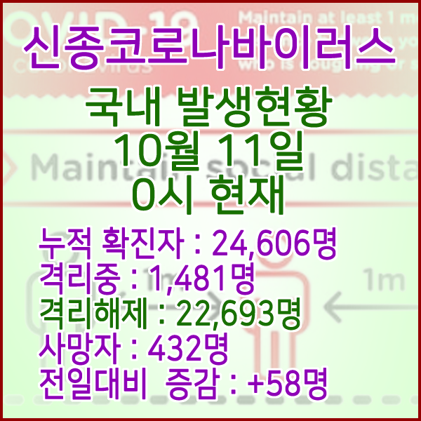  코로나19(코로나바이러스) 10월 11일 0시 국내(해외포함) 발병 24,606명 / 22,693명 완치 격리해제 / 사망자 432명