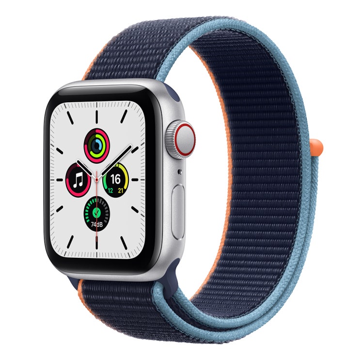  Apple 2020년 애플워치 SE GPS + 셀룰러 40mm, 실버 알루미늄(케이스), 딥네이비(스포츠 루프)