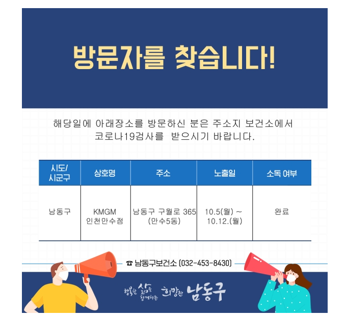  인천 만수동 KMGM 코로나19 확진자 발생, 방문자 검사요망 - KMGM 위치 관련 확진자 동선
