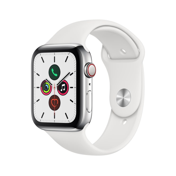  Apple 애플워치5 GPS + 셀룰러 44mm 스포츠밴드 + 스테인리스스틸 케이스, 스테인리스 스틸(MWWF2KH/A), 화이트(밴드)