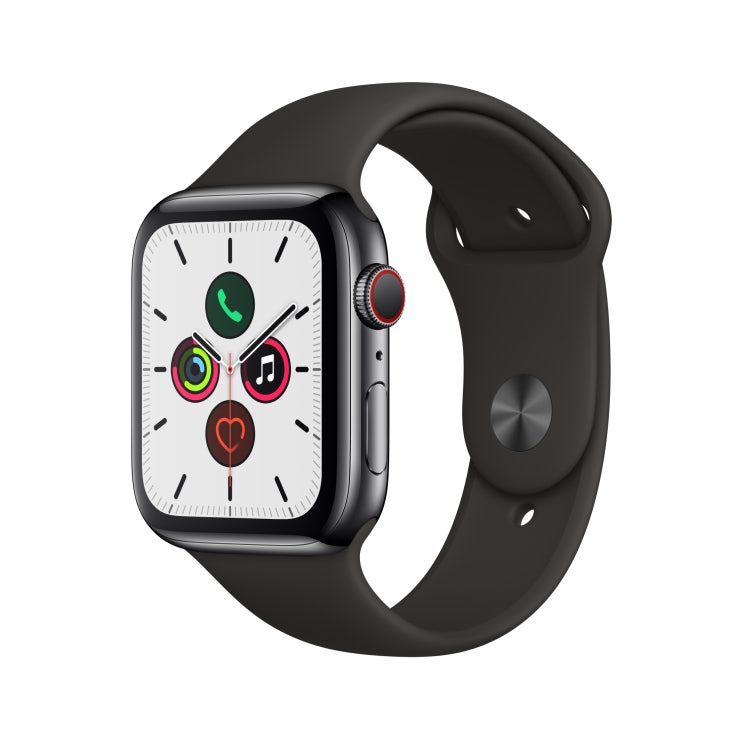 Apple 애플워치5 GPS + 셀룰러 44mm 스포츠밴드 + 스테인리스스틸 케이스, 스페이스 블랙(MWWK2KH/A), 블랙(밴드)