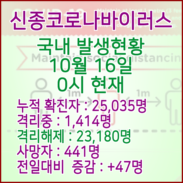  코로나19(코로나바이러스) 10월 16일 0시 국내(해외포함) 발병 25,035명 / 23,180명 완치 격리해제 / 사망자 441명