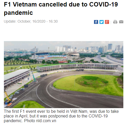  베트남 영자신문 | F1 베트남 취소 .. 다음 기회를, 2020년 F1 레이스 13개 취소 17개 관중 없이 치뤄..