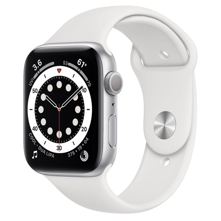  Apple 2020년 애플워치 6 GPS 44mm 레귤러, 실버 알루미늄(케이스), 화이트(스포츠 밴드)