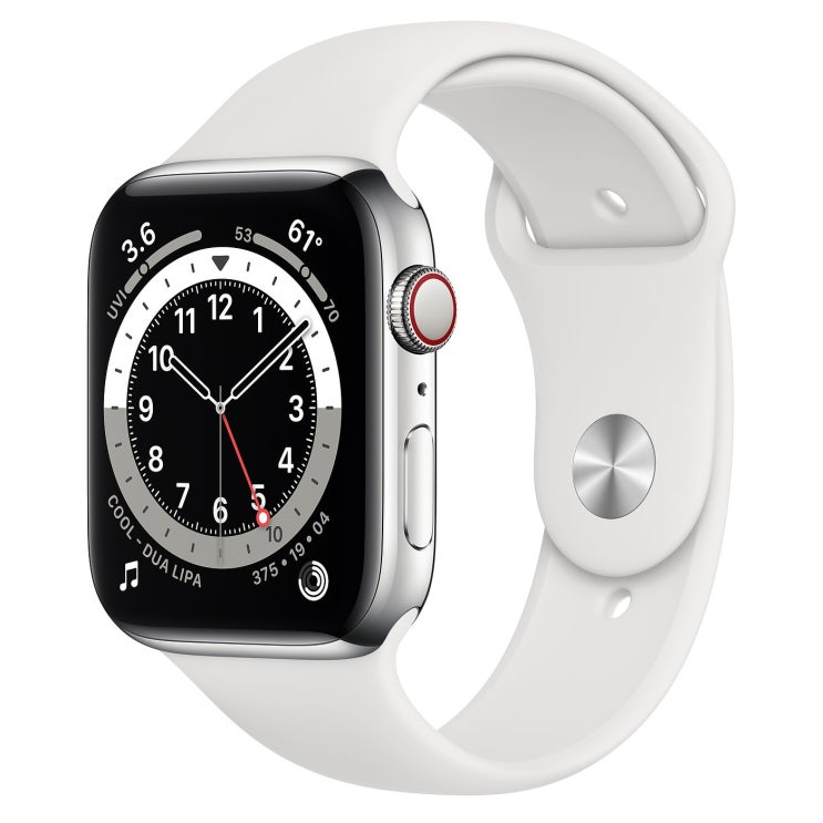  Apple 2020년 애플워치 6 GPS + 셀룰러 44mm 레귤러, 실버 스테인리스 스틸(케이스), 화이트(스포츠 밴드)
