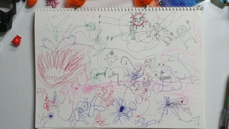 7살 그림 기록, 아빠의 엉뚱한 그림 분석, 그림놀이 (20.10.18 아들 아빠 그림)