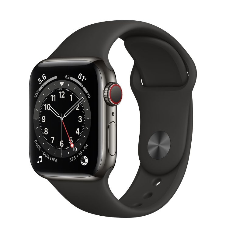 Apple 2020년 애플워치 6 GPS + 셀룰러 40mm 레귤러, 그래파이트 스테인리스 스틸(케이스), 블랙(스포츠 밴드)