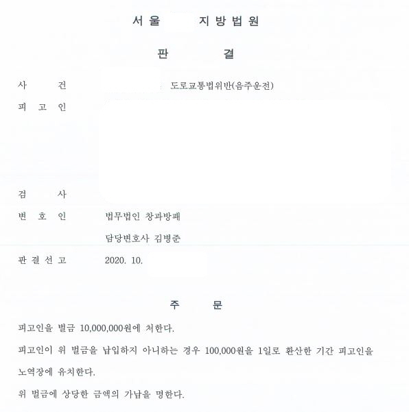  퇴사위기 음주이진아웃 벌금형 선고 사례
