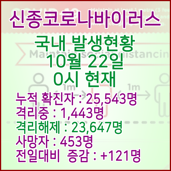  코로나19(코로나바이러스) 10월 22일 0시 국내(해외포함) 발병 25,543명 / 23,647명 완치 격리해제 / 사망자 453명