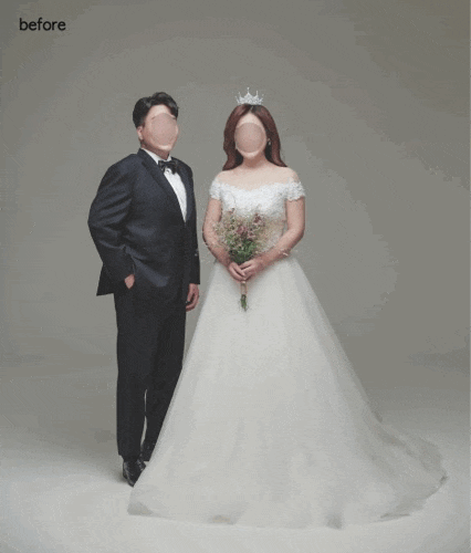  [기본보정] 냥포토 웨딩사진보정업체 - 드레스 & 턱시도 라인 정리, 신랑 & 신부 얼굴 라인 및 피부톤 정리, 다리 늘리기 등