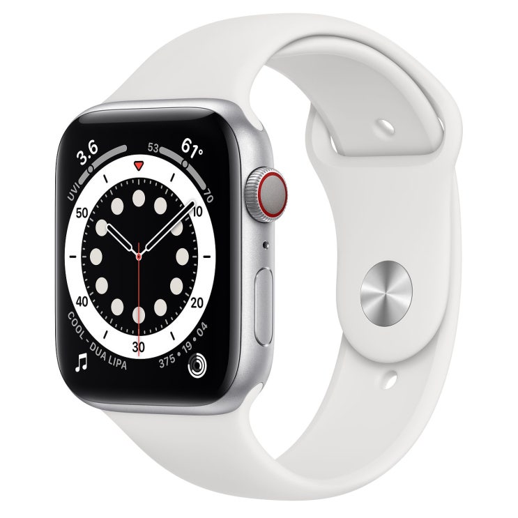  Apple 2020년 애플워치 6 GPS + 셀룰러 44mm 레귤러, 실버 알루미늄(케이스), 화이트(스포츠 밴드)