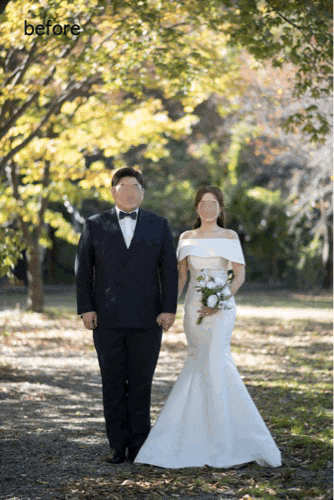  [기본보정] 냥포토 웨딩사진보정업체 - 드레스 & 턱시도 라인 정리, 신랑 & 신부 얼굴 라인 및 피부톤 정리, 승모근 축소, 다리 늘리기 등