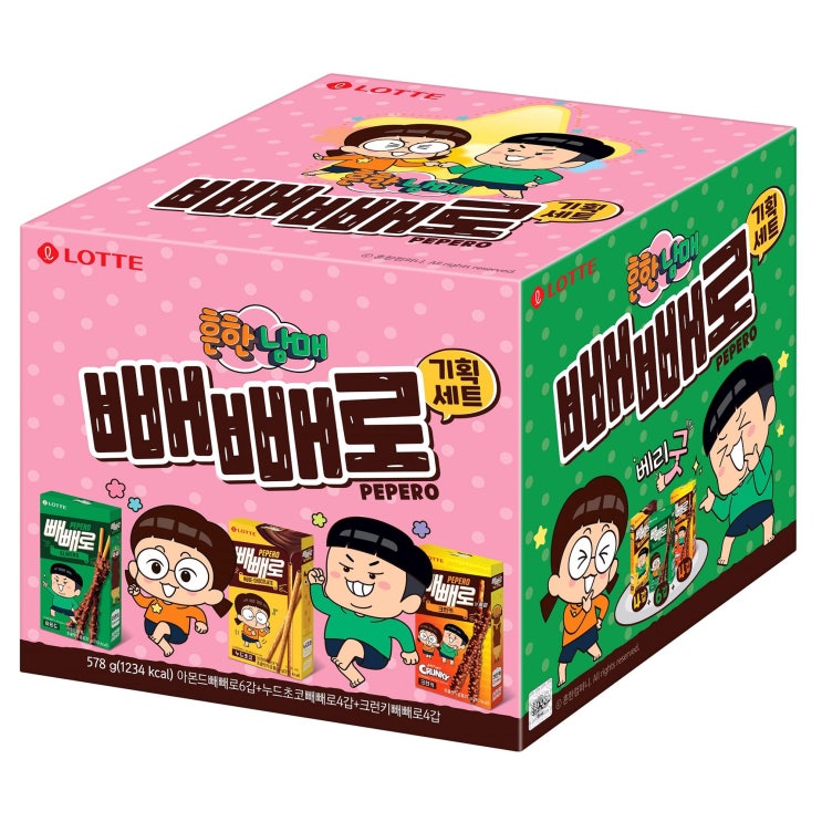  롯데제과 흔한남매 빼빼로 기획세트 아몬드 빼빼로 37g x 6p + 누드초코 빼빼로 50g x 4p + 크런키 빼빼로 39g x 4p + 흔한남매 스티커, 1세트