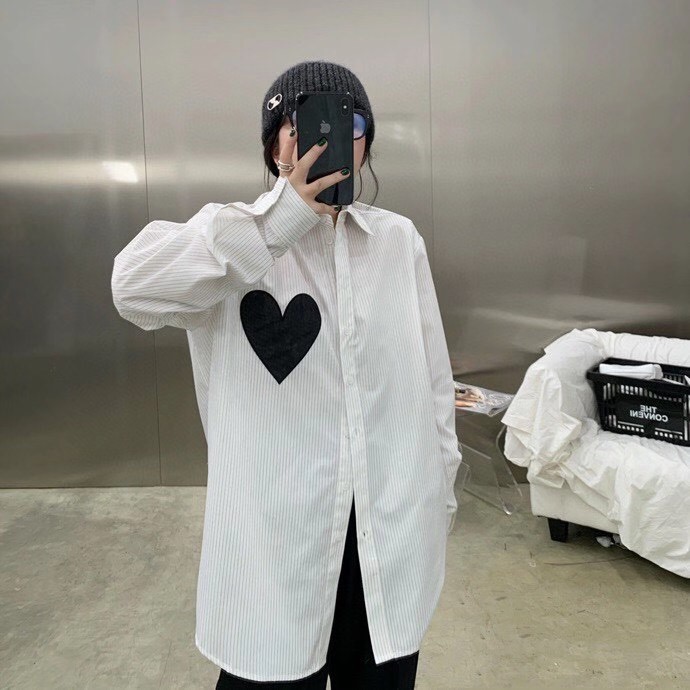  료미네 수입의류️_ 빅하트 패치 스트라이프 루즈 셔츠