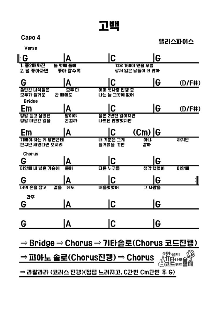  델리스파이스 - 고백 [기타코드 악보]