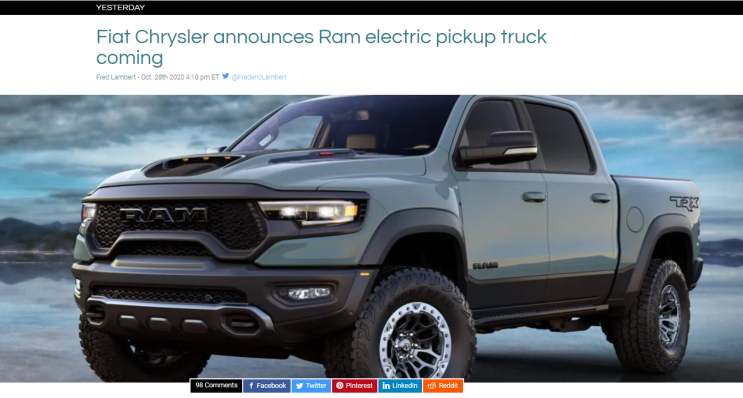  Fiat Chrysler 피아트 크라이슬러 | RAM electric pickup truck RAM 전기 픽업트럭? 이제는 전기차 시대라는 반증.. 의견 해석 영어로는 take