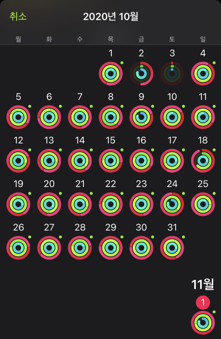 직장인일상) 10월 운동/만보걷기왕. 애플워치 활동링 채우기