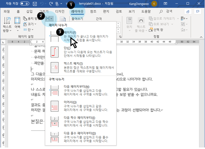  MS 워드 | 페이지 나누기(새로운 페이지로 시작하기)