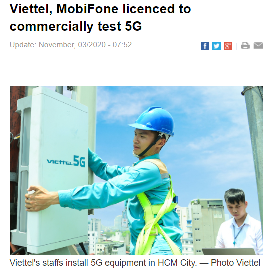 베트남 영자신문 | vittel 과 mobifone 5G 상용테스트 개시 .. 하노이 호치민 부터