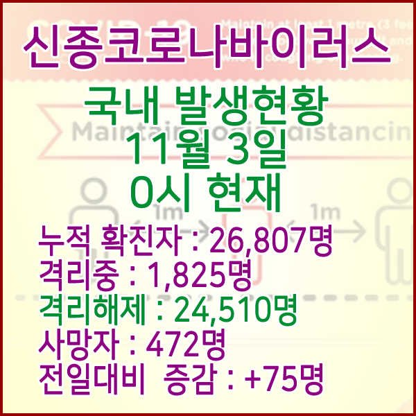  코로나19(코로나바이러스) 11월 3일 0시 국내(해외포함) 발병 26,807명 / 24,510명 완치 격리해제 / 사망자 472명