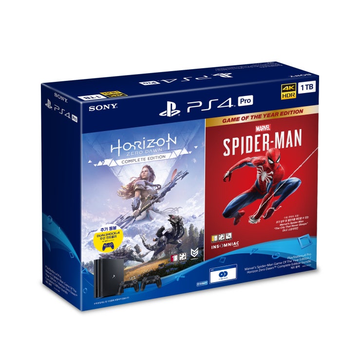  소니 PS4 본체 프로 7218B 1TB 마블 스파이더맨 + 호라이즌 + 듀얼쇼크 세트 제트블랙, ASIA00394