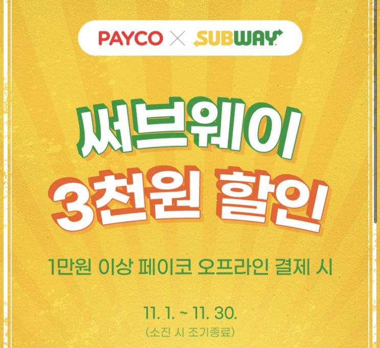  11월 서브웨이 페이코 3000원 할인